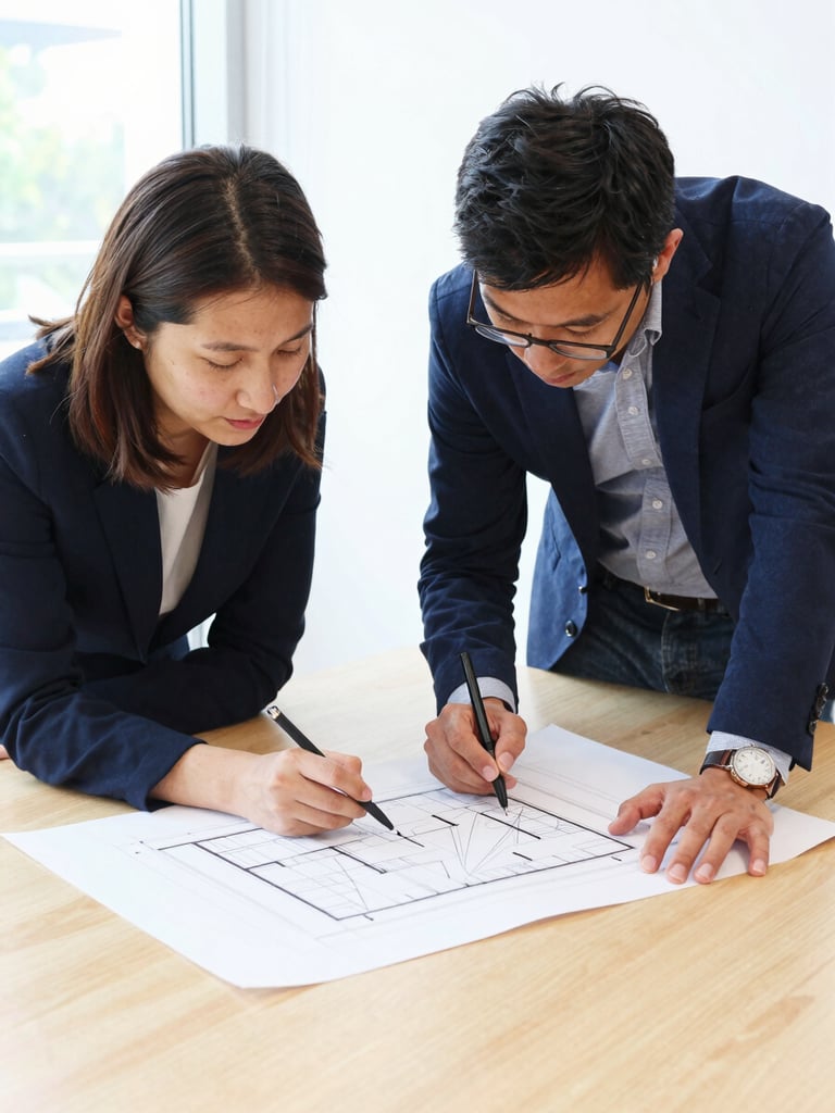 Two educators collaborating over a structured architectural blueprint on a light wooden table, bright north-facing daylight, clean documentary photography, 35mm