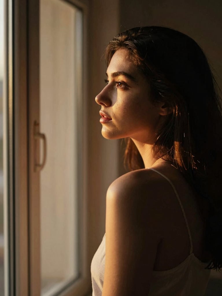 Intimate portrait of a woman looking out a window at golden hour, deep shadows, warm incandescent light, high contrast, shallow depth of field, 35mm