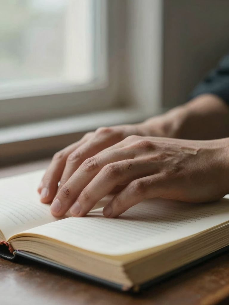 Close-up of a pair of hands resting open on a worn journal, overcast window light from the left, paper texture visible, ink smudge on one finger, quiet and still