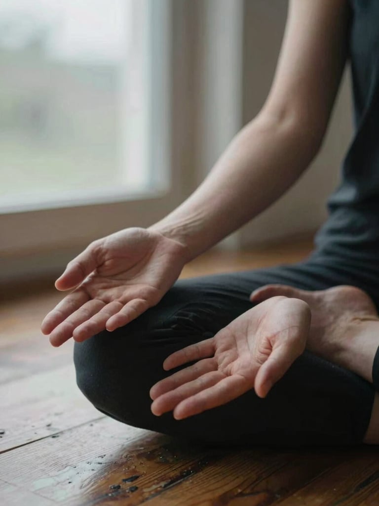Close-up of hands resting open on knees during seated meditation, overcast window light from the left, worn wooden floor visible below, shallow depth of field, analog documentary feel