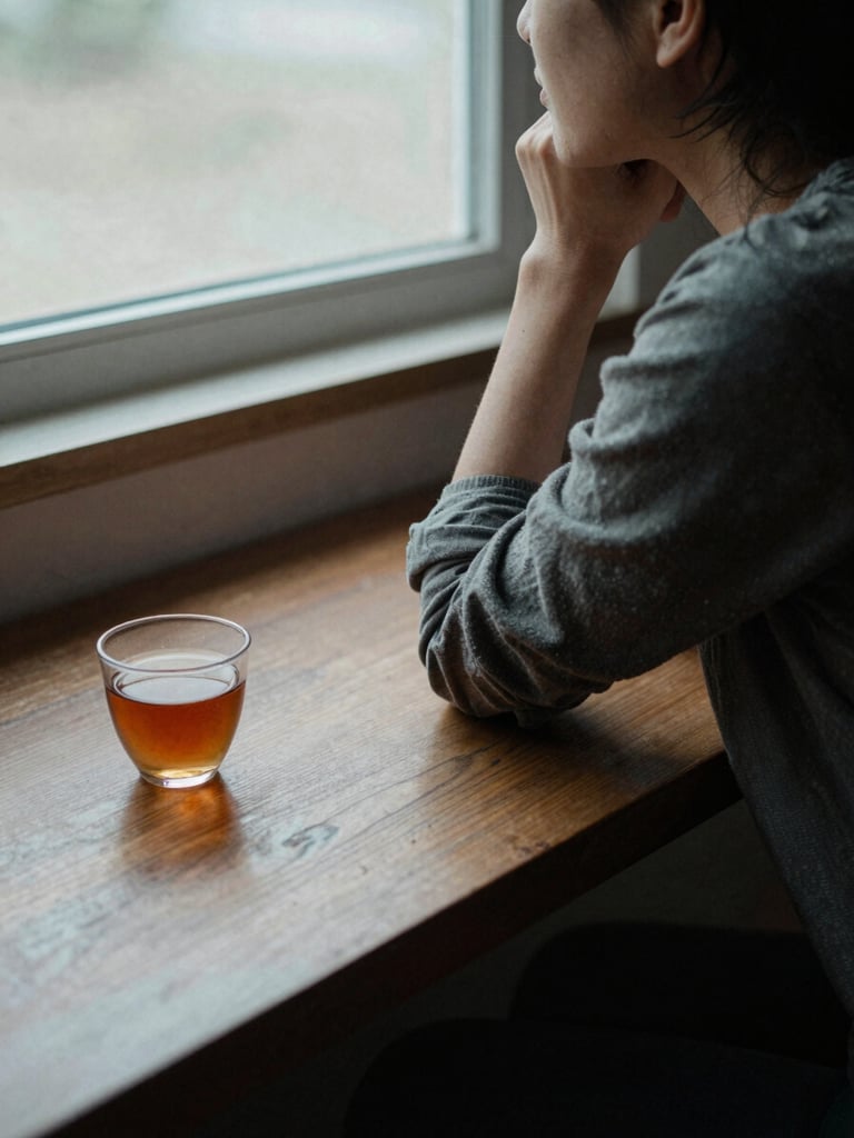 Person sitting at a wooden table near a window, looking out, posture relaxed and attentive, early morning soft light, cup of tea nearby, shot from side angle, no face visible, documentary grain