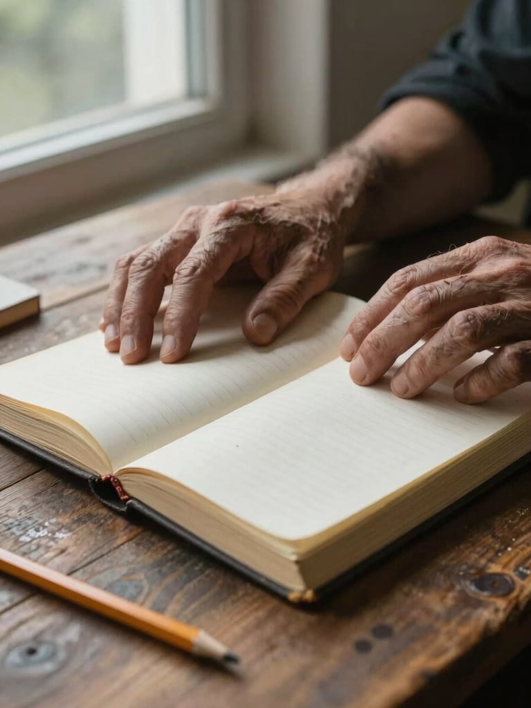 Close-up of weathered hands resting open over a worn journal on a rough wooden table, overcast morning light from a window to the left, a pencil resting in the fold, soft shadows across the pages