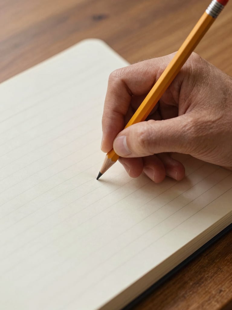 Close-up of a hand writing in an open notebook with a pencil, cream-colored pages with handwritten lines, overcast daylight from above, wooden desk surface, grain and texture visible