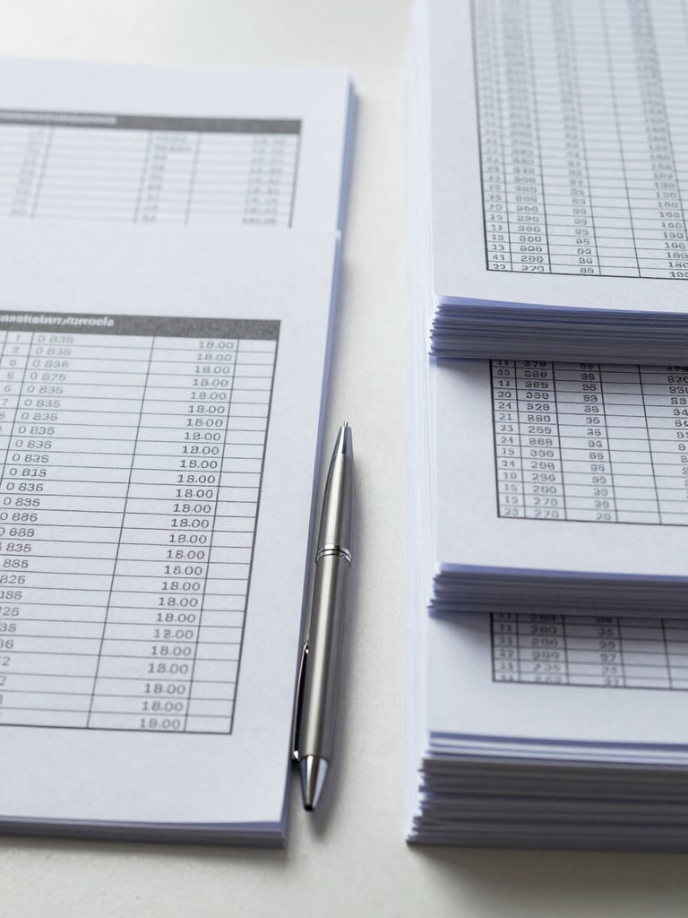 Overhead close-up of neatly arranged payroll documents, spreadsheet printouts, and a pen on a clean white desk surface, cool studio lighting, high contrast, precisely organized stacks of paper to the right of frame
