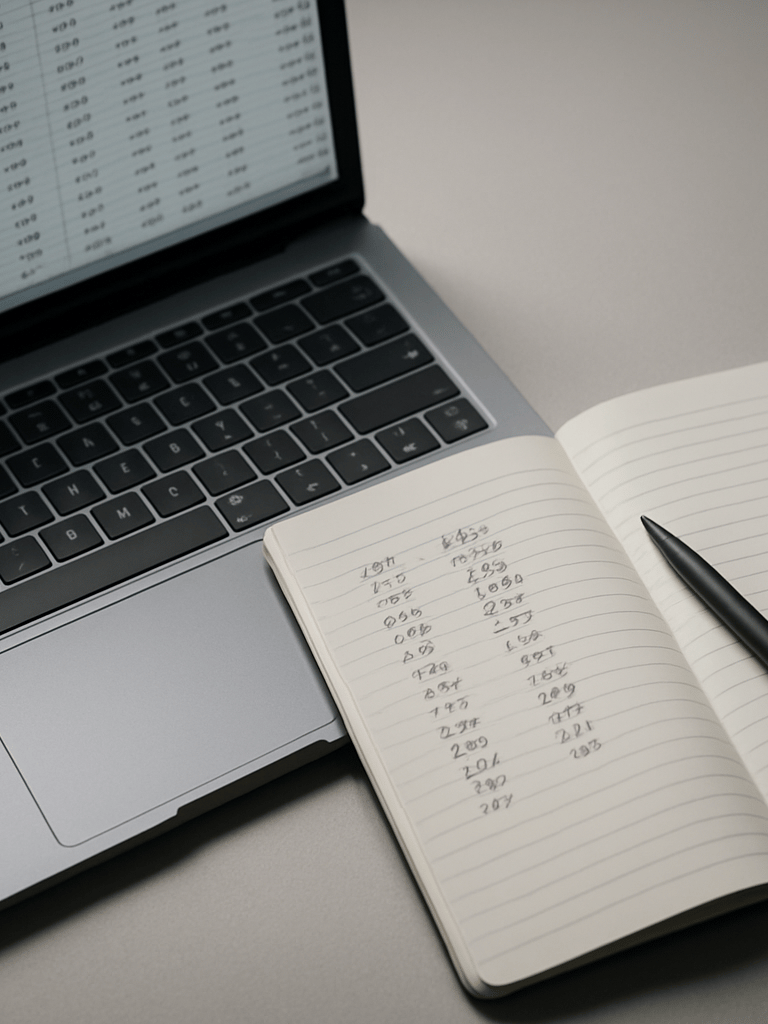 Overhead close-up of a tidy desk during focus hours — a laptop displaying a spreadsheet with clean columnar data, a ruled notebook with handwritten figures beside it, cool studio light from the upper left, no people visible, muted gray-white surface