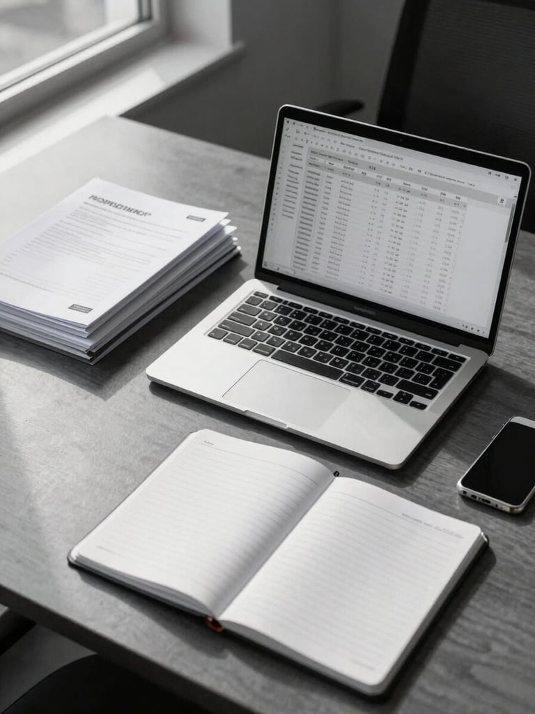 Wide overhead shot of a clean corporate desk — open laptop displaying structured spreadsheet data, two stacked compliance folders to the left, a ruled notebook open to a blank page, cool daylight from a window out of frame, sharp studio shadows, charcoal and white tones
