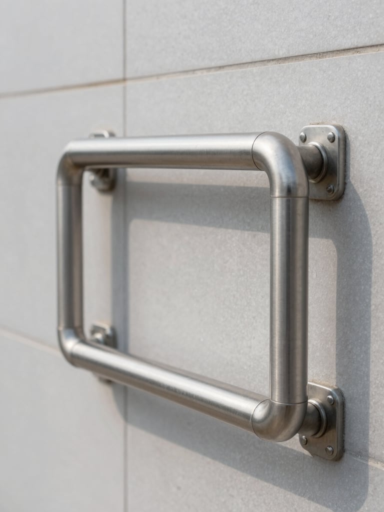 Straight-on architectural close-up of a brushed stainless steel grab rail mounted securely on clean, light grey tiled wall, bright natural daylight, precise lines, no people.