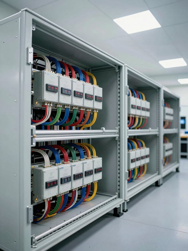 Wide-angle shot of a clean, modern electrical engineering workshop, high-contrast technical lighting, sharp focus on organized wire routing inside an IP-rated enclosure.