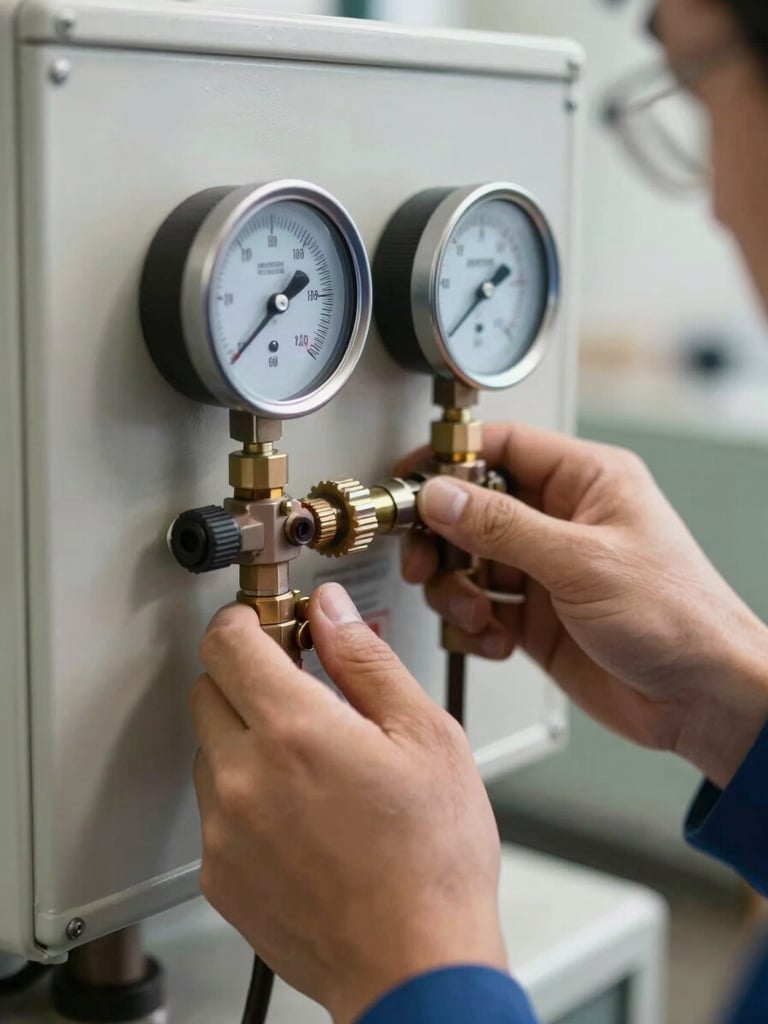 Close-up of a technician's hands adjusting a pressure gauge on a heating unit during routine maintenance, instrument panel visible, natural daylight from side, workshop environment