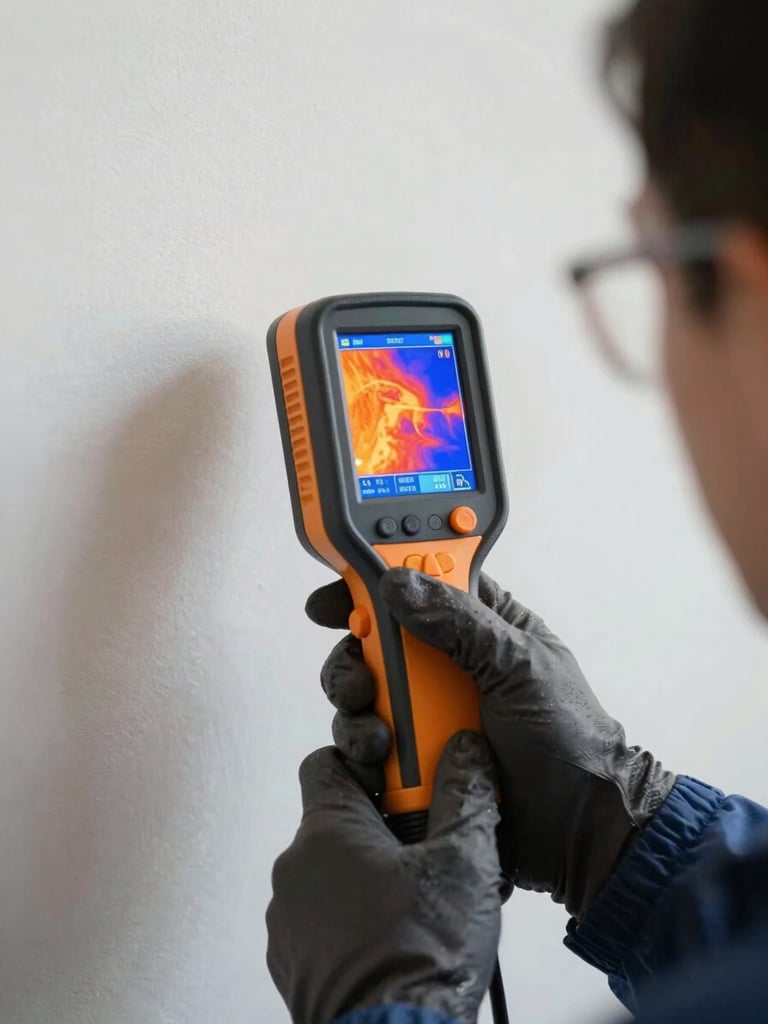 Close-up of a technician's gloved hands holding a thermal leak-detection device against a white wall, screen showing heat map in orange and blue, natural daylight, no studio lighting