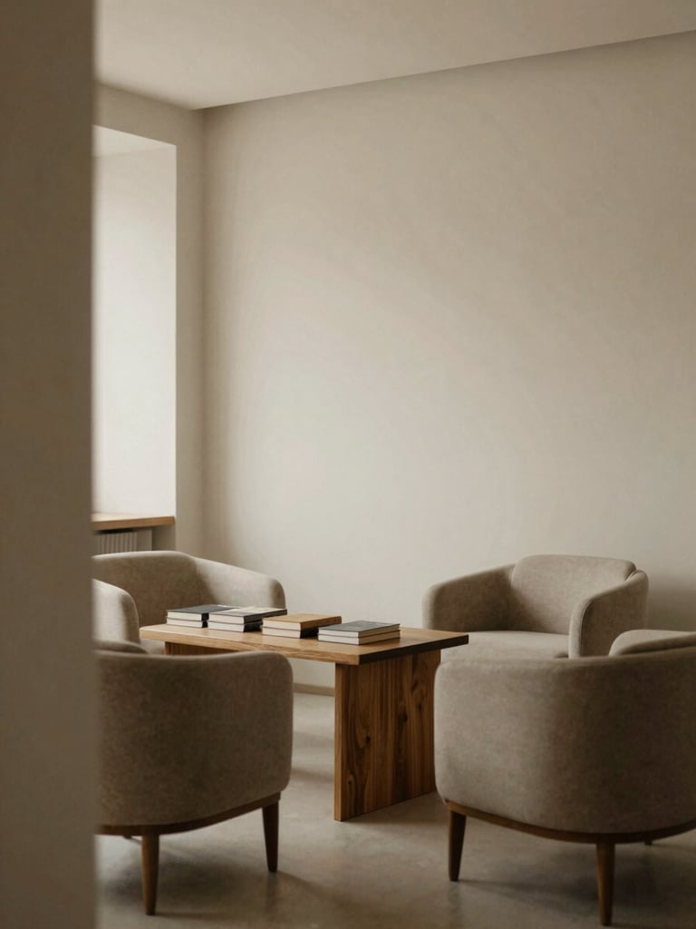 Interior de um consultório de psicologia minimalista e editorial, com poltronas confortáveis, mesa de centro com livros, luz natural suave, tons neutros e elementos de madeira. Vista de um canto tranquilo e acolhedor.