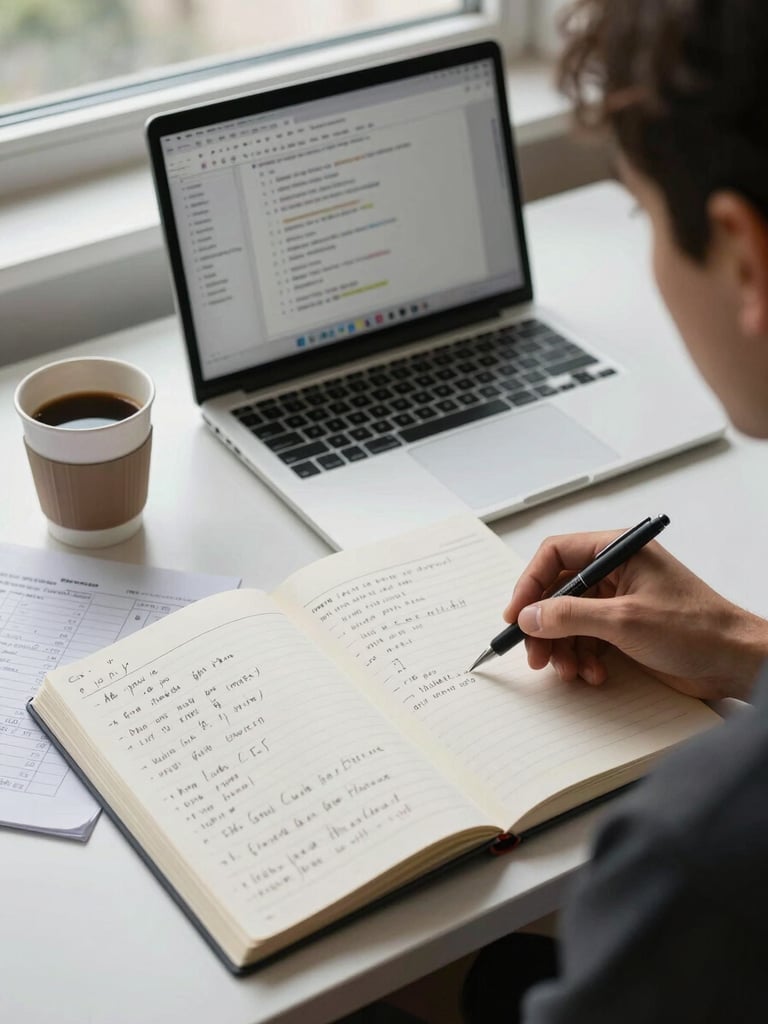Overhead daylit view of a first-year founder's desk: a notebook open with handwritten process steps, a laptop showing multiple browser tabs, printed checklists annotated in pen, a half-drunk coffee cup to the left — natural even window light, no shadows, subject fills the right two-thirds of the frame