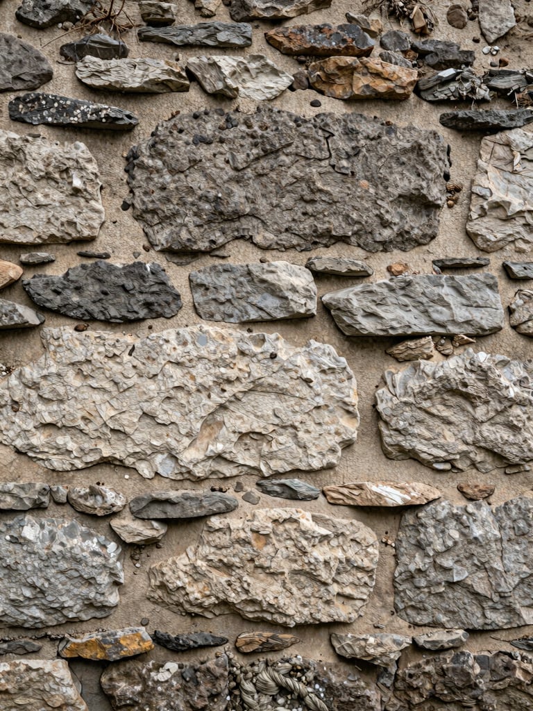 Détail d'un mur en pierre de taille locale assemblé de manière traditionnelle, lumière naturelle d'un ciel couvert, texture brute et précise.