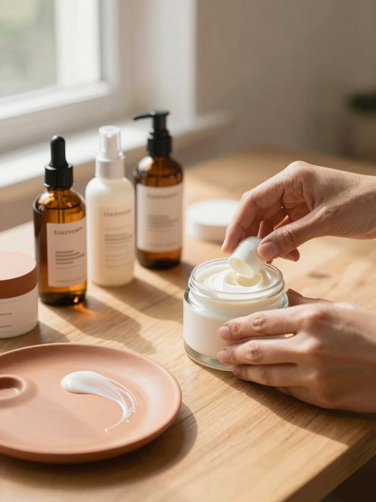 Close-up of hands arranging organic beauty products, creams, and cosmetic bottles on a warm wooden table, soft afternoon sunlight, terracotta palette.