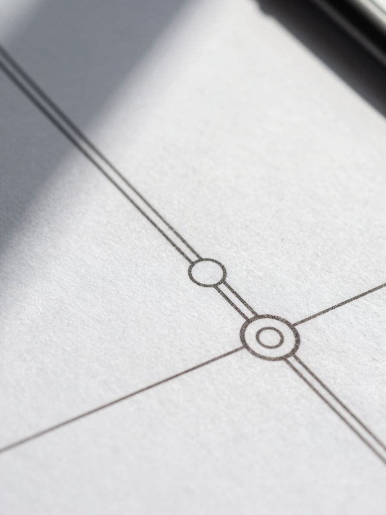 Macro crop of a physical system schematic, sharp black lines on crisp white paper, direct high-contrast daylight casting sharp shadows.