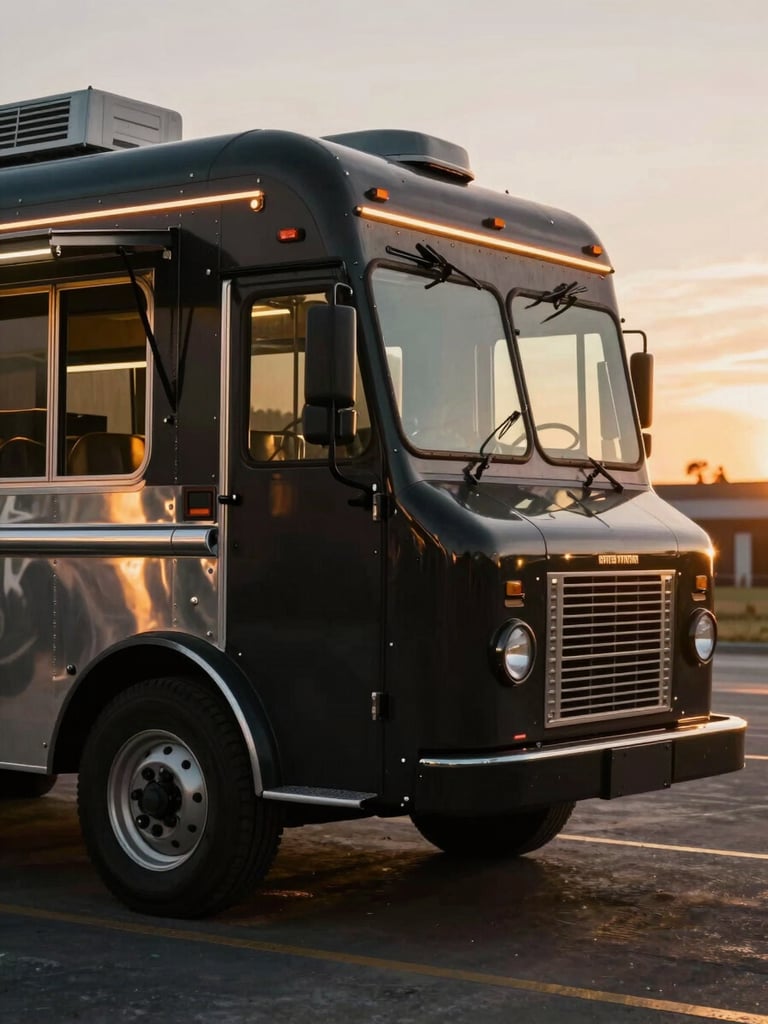 Cinematic photography of a finished vintage food truck parked at sunset, warm golden hour light reflecting on polished steel, clean lines, professional finish, 35mm