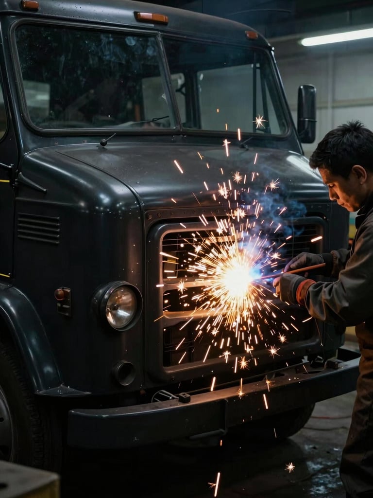 Cinematic close-up of a craftsman welding a vintage food truck chassis in a dark workshop, brilliant golden sparks flying against deep matte black metal, high contrast, 35mm photography.