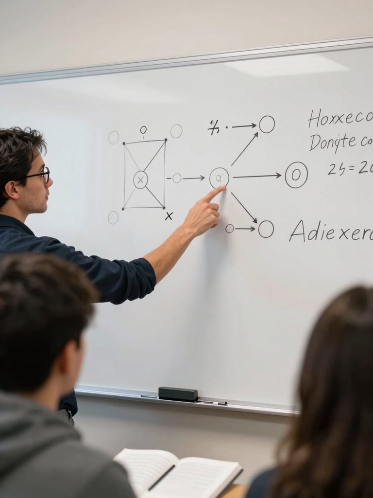 Close-up over-shoulder view of a faculty member at a whiteboard mid-explanation, hand pointing to a physics force diagram in chalk, students' notebooks visible in the foreground, classroom fluorescent lighting, focused teaching moment captured candidly
