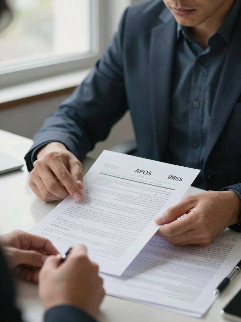 Close-up medium shot of two people at a desk, one pointing to an AFORE or IMSS document, natural daylight from a side window, papers and a pen visible, calm and focused atmosphere, no crowds