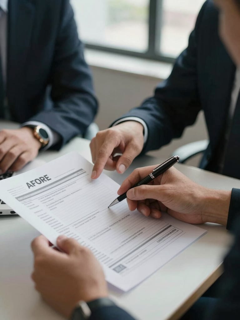 Close-up medium shot of two people at a desk, one pointing to a printed AFORE account statement, the other holding a pen ready to sign, natural window light, office environment, no crowds visible