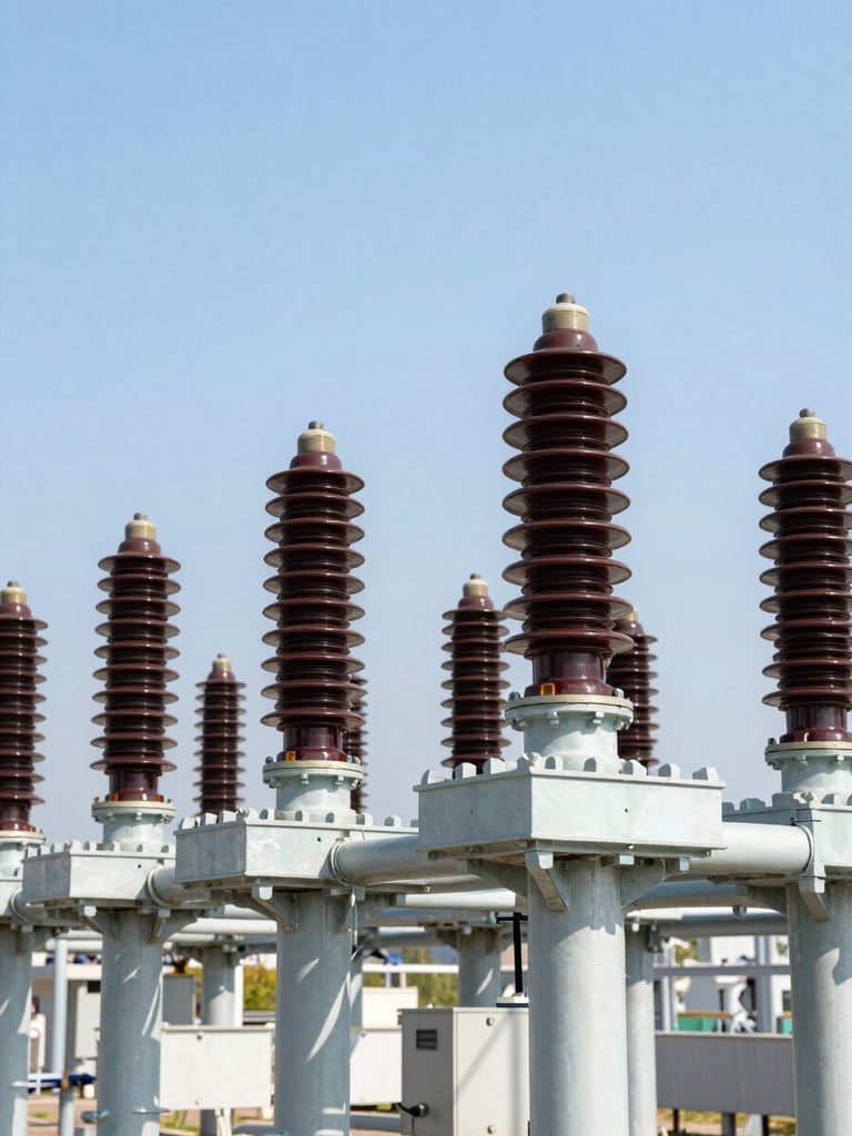 Close-up of industrial electrical substation equipment, heavy ceramic insulators, steel supports, bright daylight, high contrast