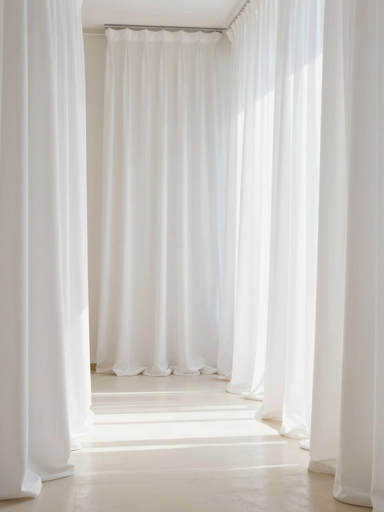 A bright, minimalist Riyadh showroom interior featuring towering white silk curtains catching soft daylight, clean cream floors, high-key architectural composition