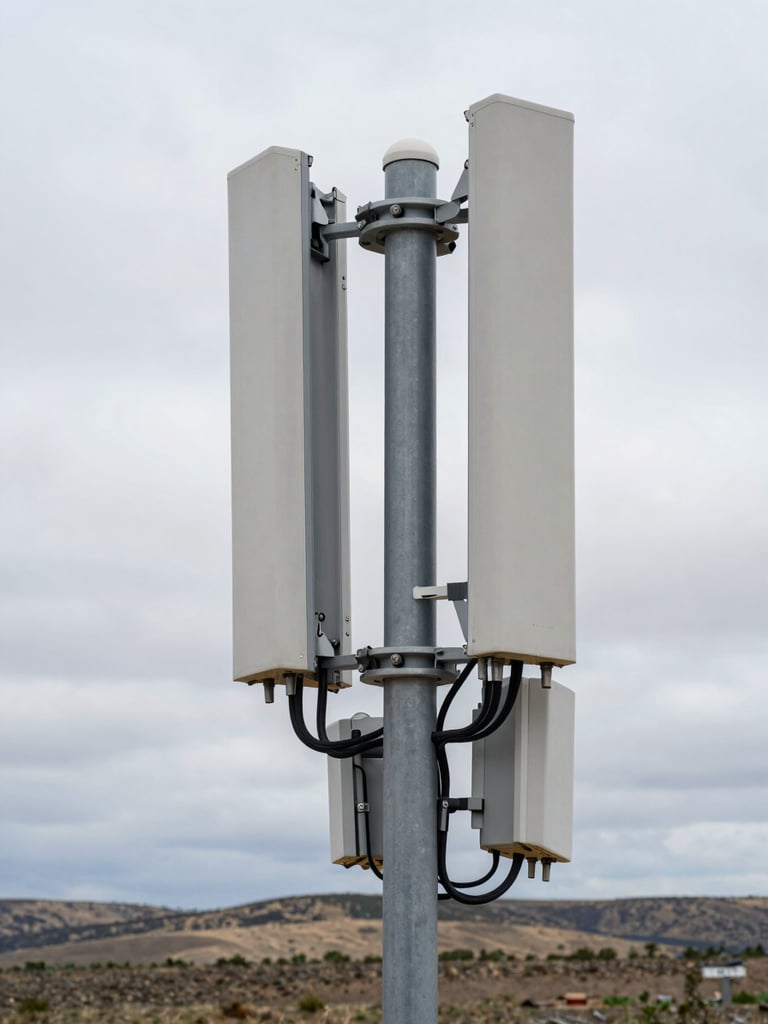 Angled shot of a cellular repeater tower and edge communications equipment mounted on a utility pole in a remote rural landscape, overcast sky, sparse terrain visible in background, no people