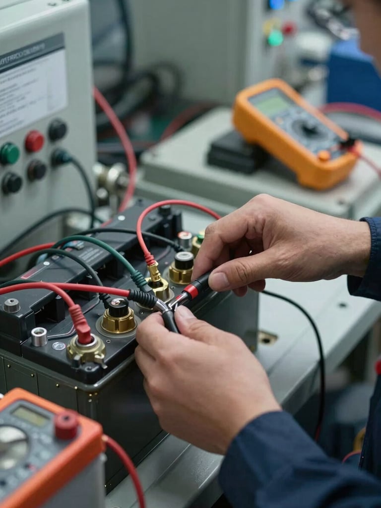 Close-up of a technician's hands connecting diagnostic leads to a battery terminal bank in an industrial equipment bay, cool workshop lighting, multimeter and cables visible, no faces