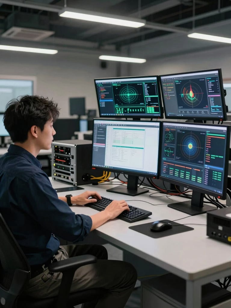 Wide shot from the left, a focused engineer seated at a technical workstation with multiple monitors displaying telemetry dashboards, cool overhead industrial lighting, cables and rack-mount equipment visible in the background, hands resting on keyboard, deep navy workspace atmosphere