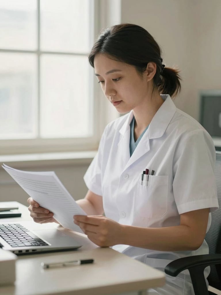 A professional medical coordinator in a tidy office environment reviewing clinical charts, warm editorial photography, soft window light