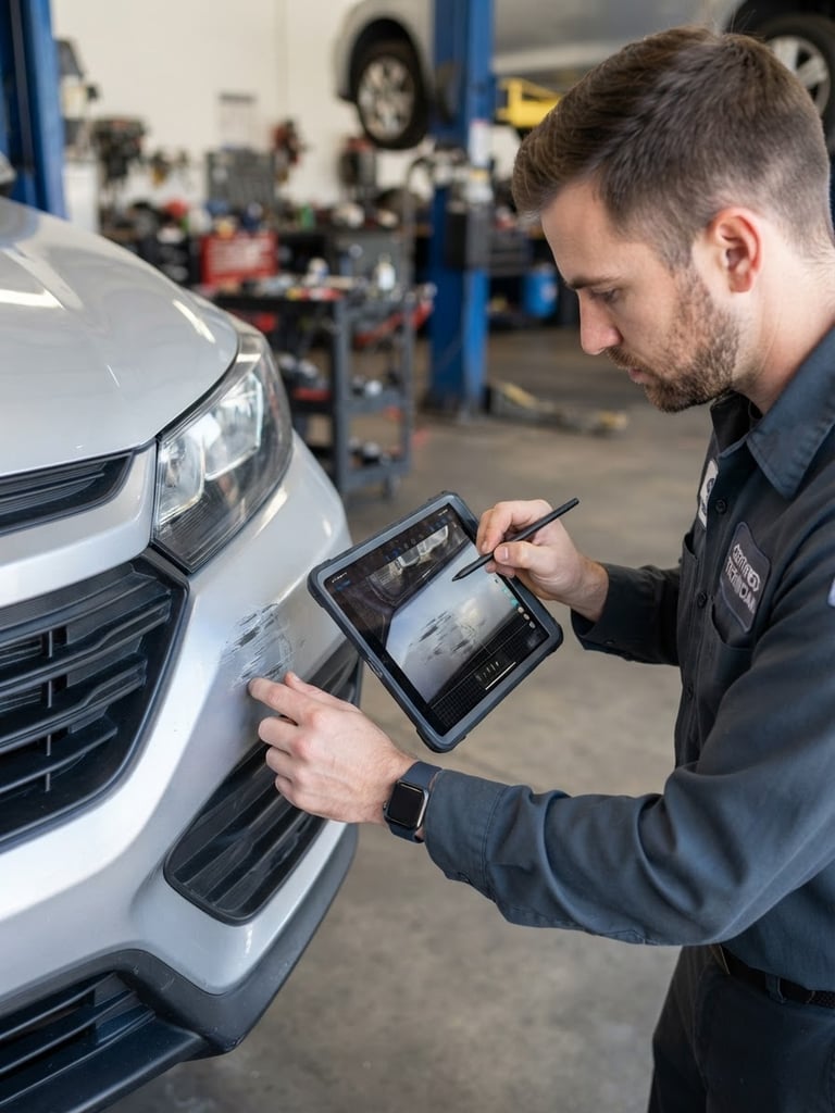 Sharp technical close-up of a certified automotive expert in a dark slate uniform using a digital tablet to document bumper damage on a silver car, bright daylight, high contrast metallic tones, crisp detail, 35mm lens
