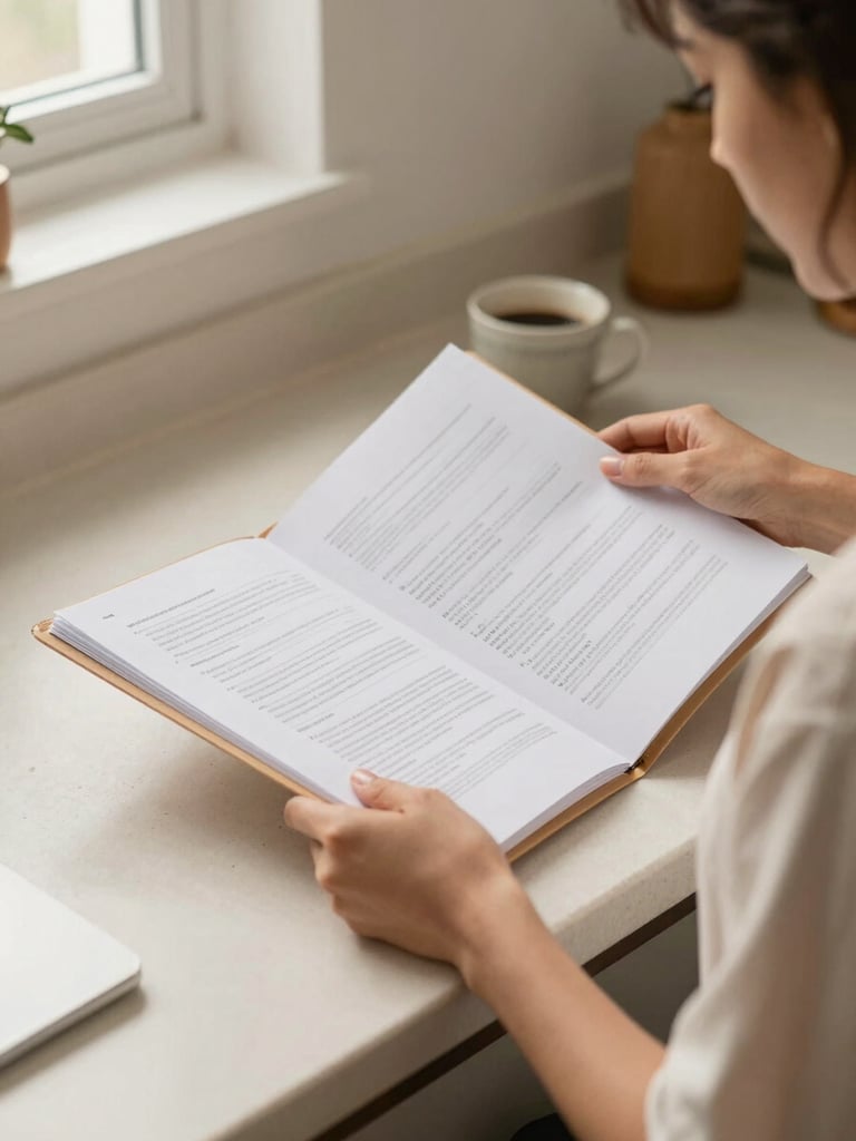 Close medium shot of a Latina woman's hands holding a folder of financial documents on a kitchen counter, soft north-facing natural light, warm cream tones, a cup of coffee visible in the background, unposed and intimate