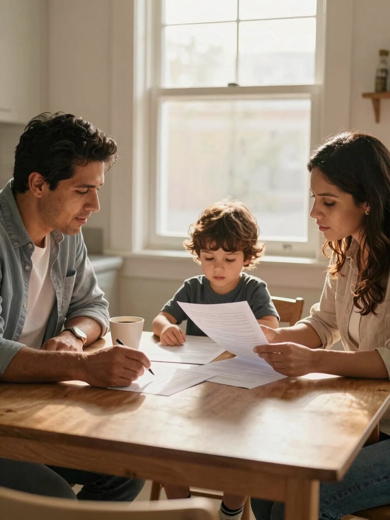 Close environmental shot from the left side of a modest kitchen table, a Latino father and mother reviewing paper documents with their young child seated between them, warm golden-hour window light spilling across the table, hands resting on papers, cups of coffee nearby, soft natural tones