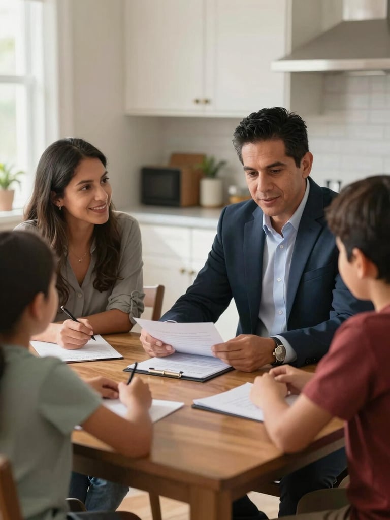 Medium shot of a financial advisor sitting across a kitchen table from a Latino family couple, documents open between them, warm natural light, relaxed and conversational, no suits, home setting