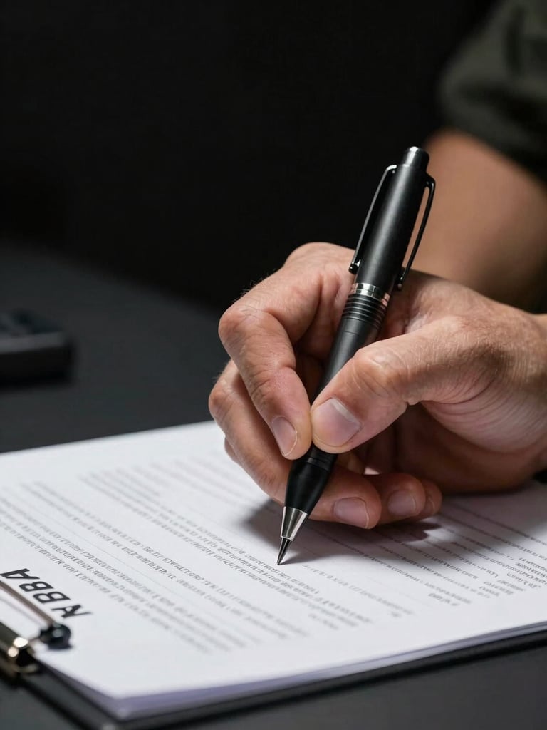 Extreme close-up of a PMBA officer's hands gripping a tactical pen over a training document on a dark desk, sharp overhead strobe lighting casting precise shadows, focus and concentration visible in the tension of the fingers, deep black background, no faces
