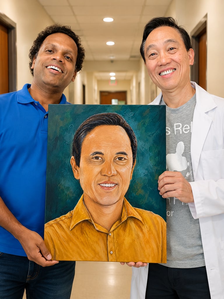Portrait of Dr. Palar with artist Sujeewa Hettithanthri and Dr. Adrian Palar