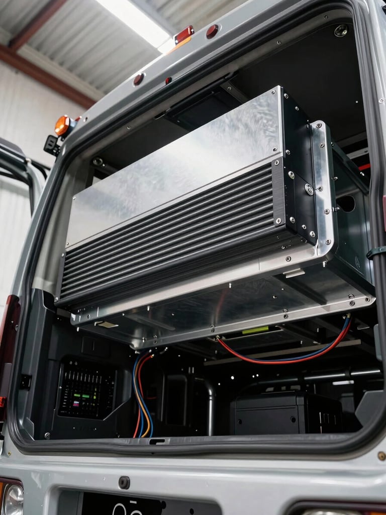 Close-up overhead shot of a truck cab interior mid-installation, amplifier mounting bracket being secured to custom fabricated steel panel, wiring looms routed neatly along the firewall under bright even workshop lighting