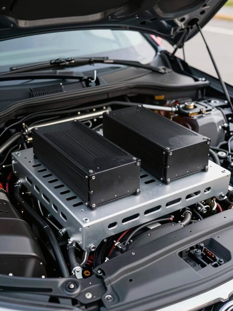 Close-up of an amplifier rack mounted inside a performance car engine bay bulkhead, custom aluminum bracket with ventilation slots, thermal pads visible beneath each amp, bright even daylight from the open hood above showing every fastener and heat-management detail