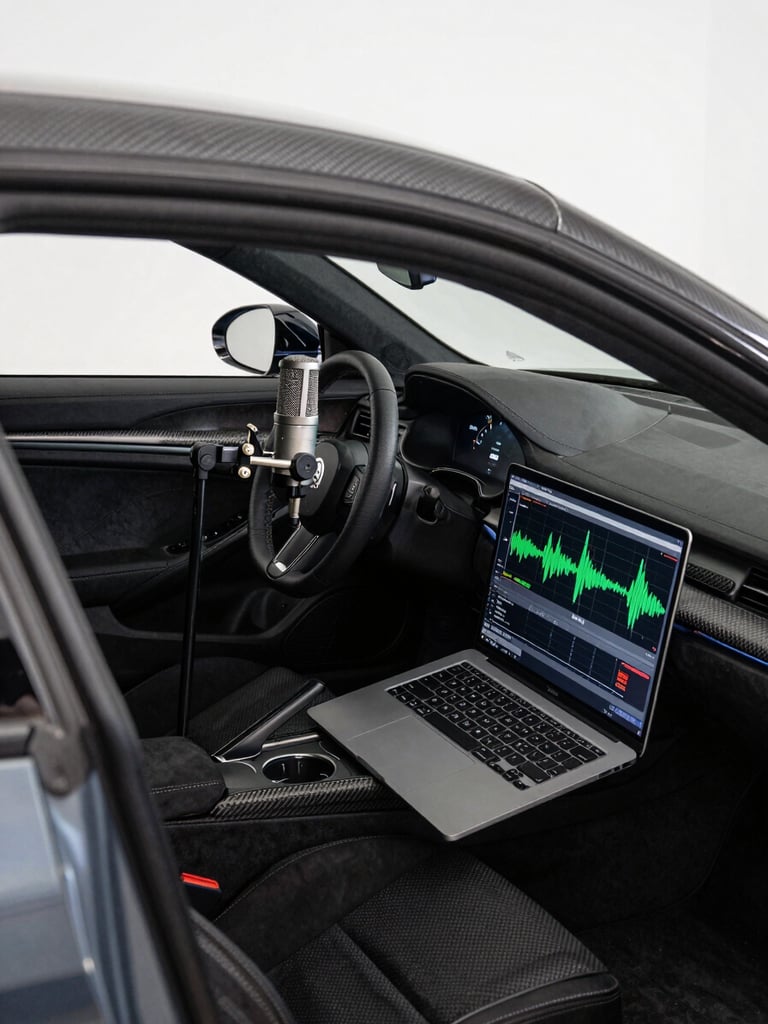 Overhead documentation photograph of a carbon-fiber-doored performance car interior, acoustic measurement microphone on a stand positioned at the driver's ear point, laptop showing frequency response sweep on the seat, bright studio overhead lighting revealing every surface treatment