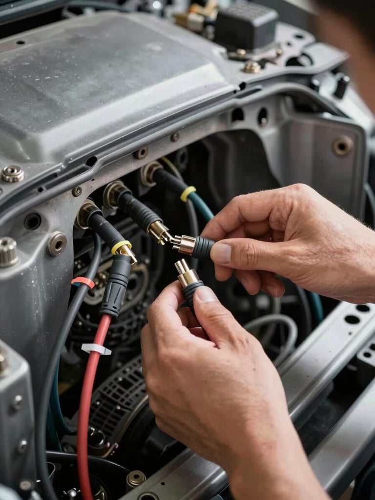 Close-up overhead view of a technician's hands routing signal cables through a stripped vehicle firewall, bright even studio lighting, cable ties and grommets visible, raw metal chassis in background