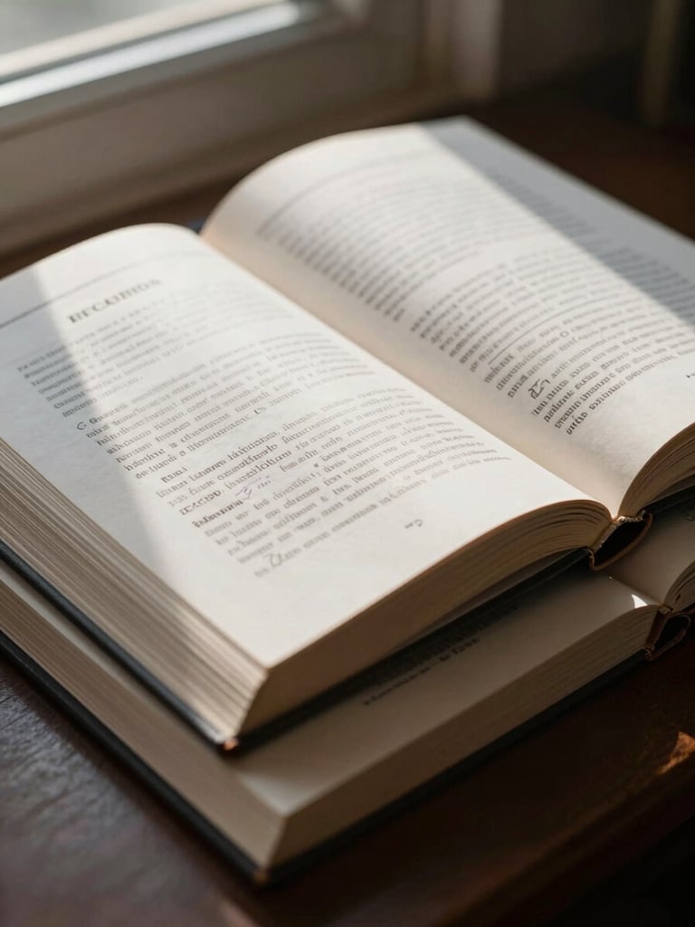 Close-up detail of open Ecuadorian legal code books stacked on a desk, natural window light raking across the pages, handwritten annotations visible on the margins, austere and precise