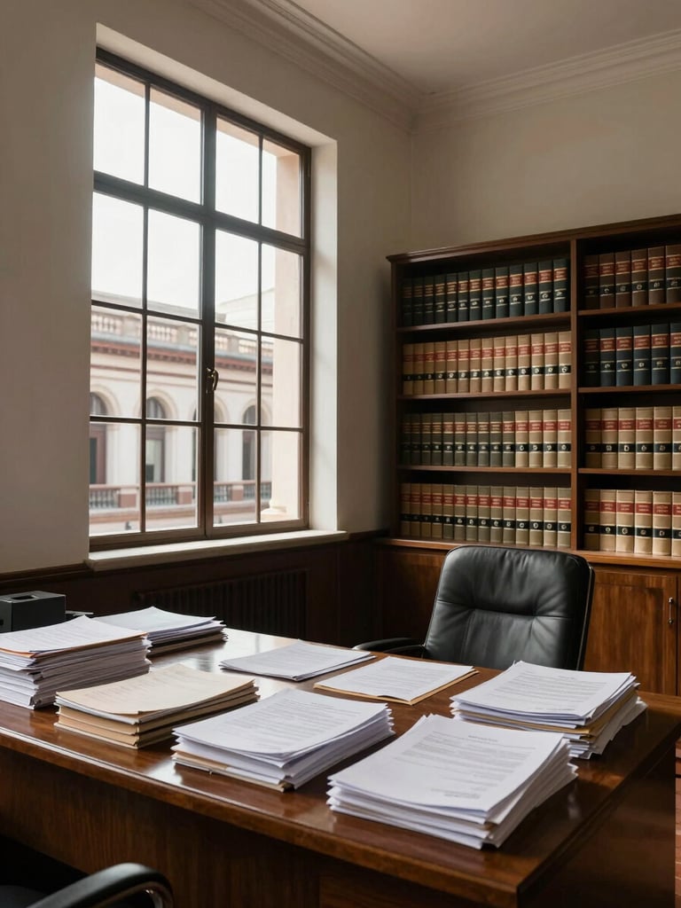 Wide view of a sunlit legal office interior in Cuenca, Ecuador — a wooden desk stacked with case files and legal codes in the foreground, a tall window casting natural daylight across the room, shelves of legal volumes along the far wall, architectural details of a historic civic building visible through the glass