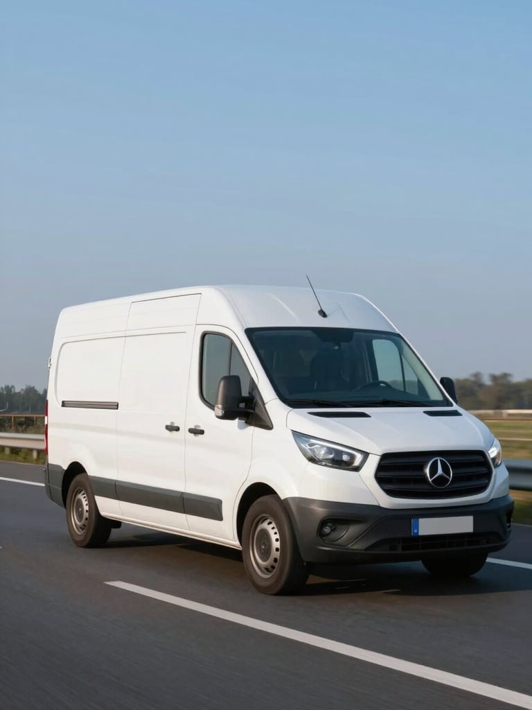 Dynamic low-angle tracking shot of a modern white transport van in motion on a Dutch highway, crisp morning daylight with cool blue and slate tones, sharp focus, 35mm lens.