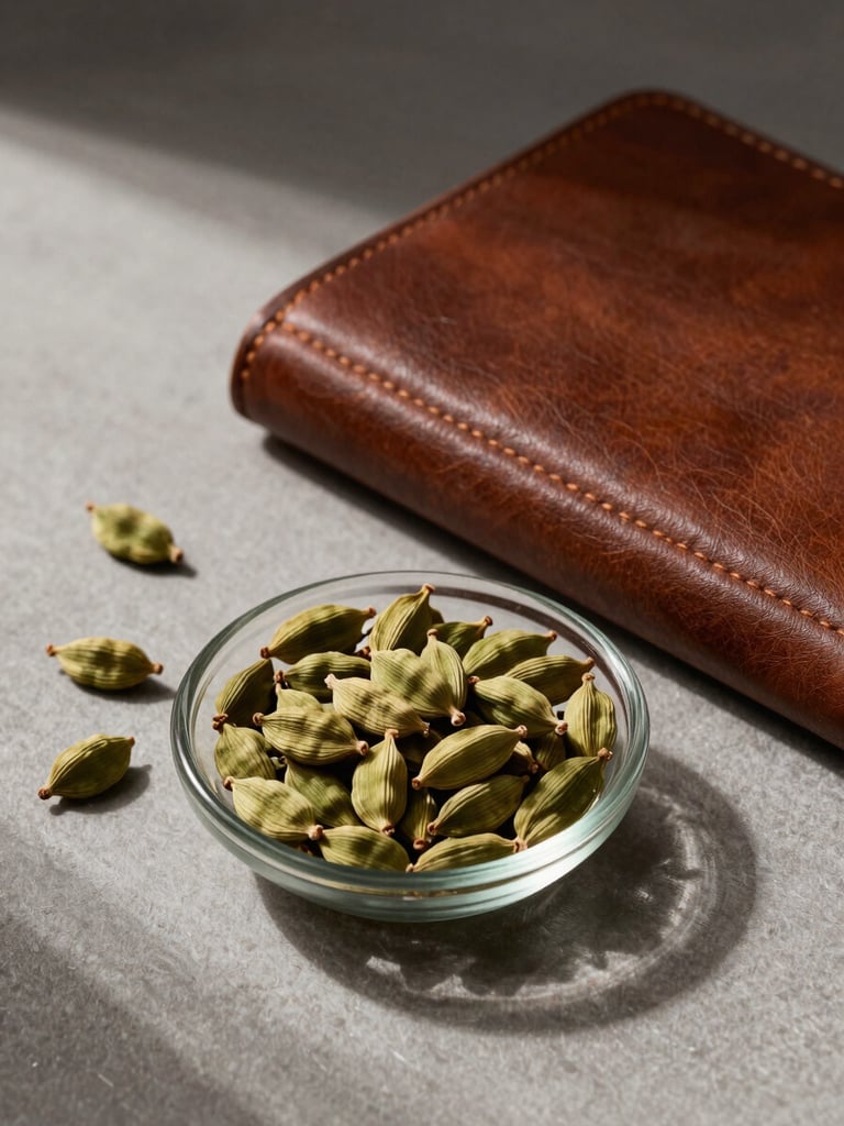 A minimalist still life with a leather-bound journal next to a small glass dish of raw green cardamom pods, dramatic side lighting, neutral background.