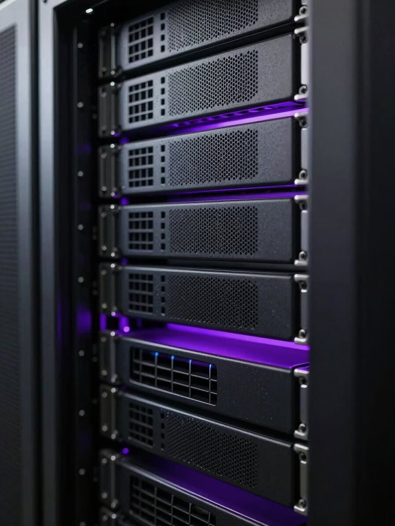 Macro close-up of standard server racks in a dark enterprise data center, moody low-key studio lighting with sharp directional violet edge lights, high technical precision.