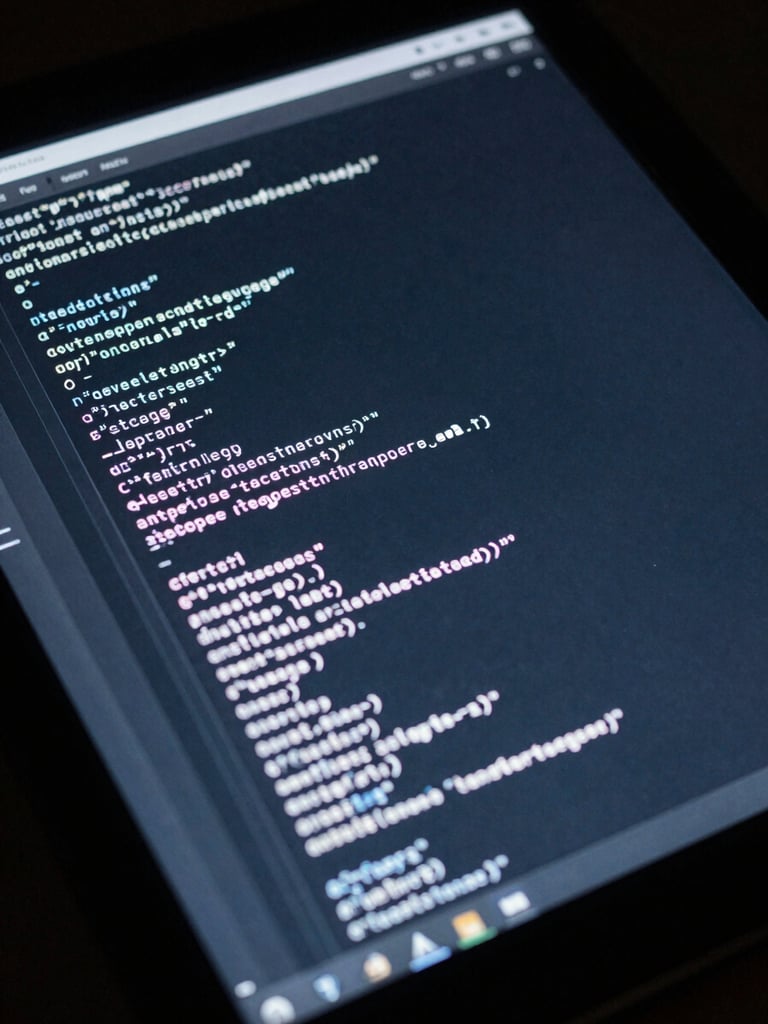 High-contrast dark-room interface display, glowing white code lines on a deep charcoal terminal screen, subtle electric blue ambient light reflecting off clean glass edges, ultra-minimal tech aesthetic.