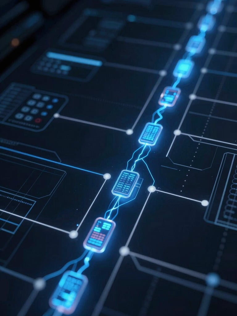 Procedural node-based graphics flow, glowing electric blue data packets moving along thin white vector paths, dark ambient background, futuristic technical diagram layout.