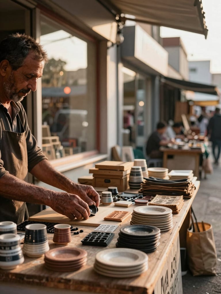 Environmental wide shot of a Van market street at golden hour, a merchant's weathered hands arranging handmade goods on a wooden counter, warm natural window light from the left, storefronts visible in the soft background, earthy tones, documentary realist framing