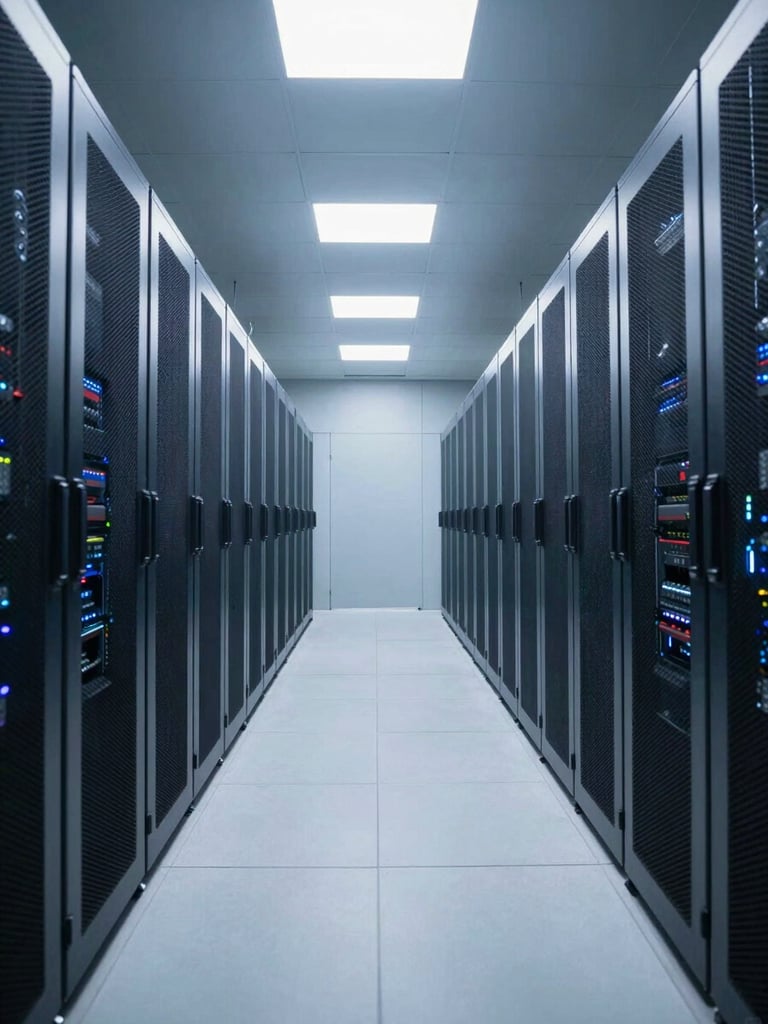 Wide panoramic view of a hyperscale data center corridor, cool blue-white overhead lighting casting sharp shadows on server rack rows, camera framing low and slightly off-center to the right, empty aisle receding into darkness, clinical and precise