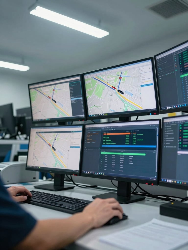 Downward angle on a logistics operations workstation, multiple monitors showing live route maps and fleet telemetry, cool overhead fluorescent light, a hand resting near a mouse, focus on the screen data not the person, clinical and precise